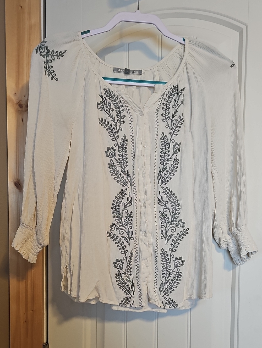 Daniel Rainn Cream Peasant Blouse with Gray Embroidery